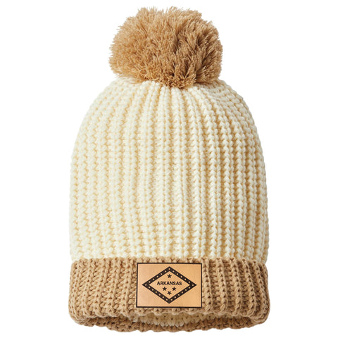 Cream Pom-Pom Beanie - Leather Flag