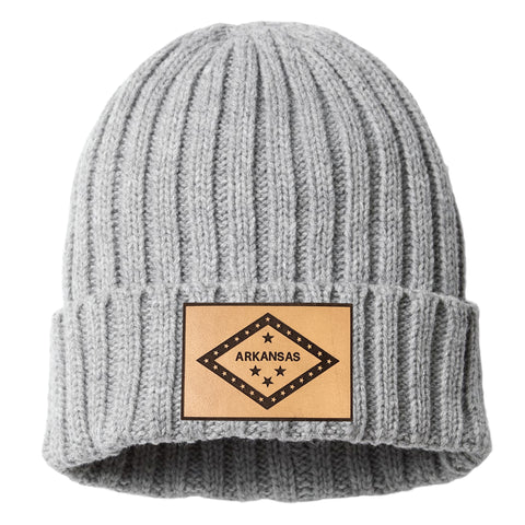 Grey Cable Beanie - Leather Flag